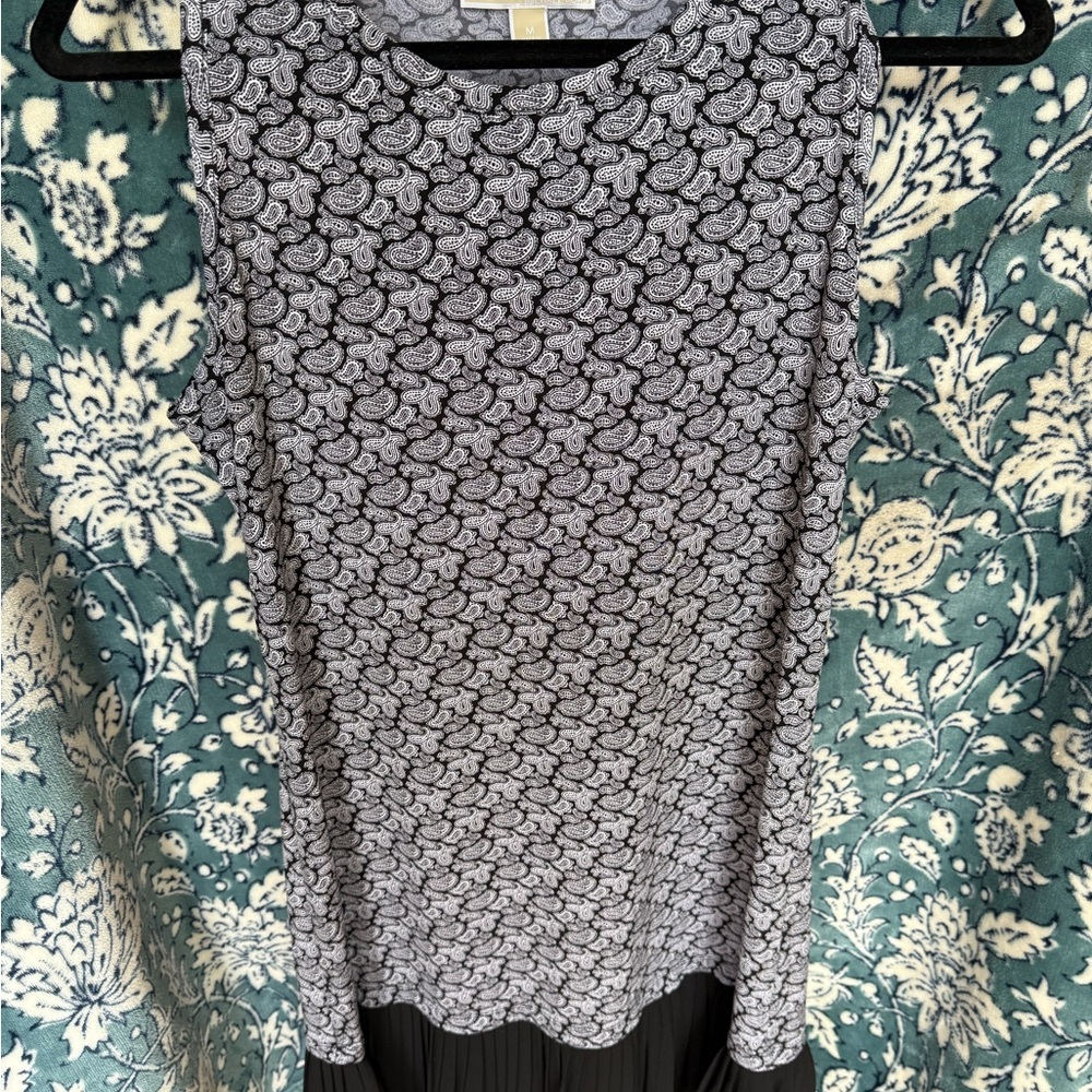Michael Kors, Sleeveless Black and White Patterned Top with Pleated Hem.